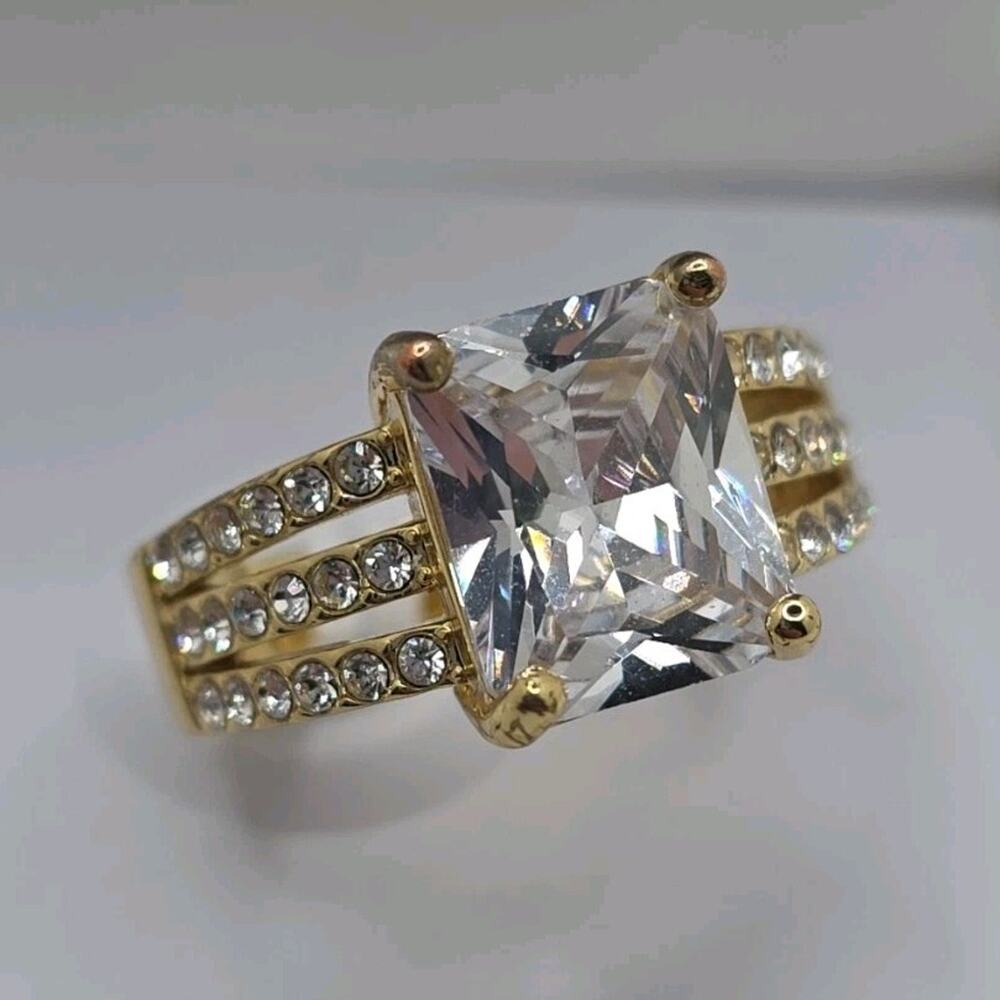 Charter Club Gold Plated Cubic Zirconia Cocktail Ring Princess Size 8